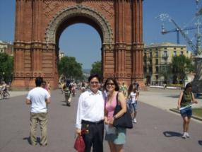 Carol McClure with Keng Pee Ang of Cooke Aquaculture in front of the Arc de Triumf in Barcelona